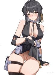 absurdres bare_shoulders black_dress black_hair blush boyin breasts breasts_apart censored clothes_lift colored_inner_hair commentary_request dress dress_lift earrings female female_rover_(wuthering_waves) gloves grey_hair hair_intakes hair_ornament hair_ribbon hairclip highres jewelry large_breasts lifting_own_clothes looking_at_viewer mosaic_censoring multicolored_hair no_panties presenting pussy ribbon rover_(wuthering_waves) simple_background solo thigh_strap thighs variant_set white_background wuthering_waves yellow_eyes yellow_ribbon