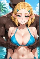 ai_generated bikini blush breast_grab chocopizza_style dark-skinned_male groping imminent_sex large_breasts looking_at_viewer older_male older_male_and_younger_female seductive_smile zelda_(tears_of_the_kingdom)