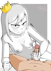 angry bare_thighs blush breasts clenched_hand crown emberbaye eye_twitch grey_nipples handjob looking_at_viewer monochrome_characters motion_lines nude_male penis shaking tabbes topless wavy_mouth youtube