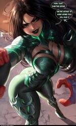 black_hair bodysuit breasts english_text female first_person_view green_eyes hela hela_(marvel_rivals) long_hair luminyu marvel marvel_rivals speech_bubble spider-man spider-man_(series)