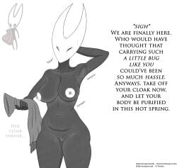 2025 areola arthropod artist_name bananapantsu8 biped black_text bodily_fluids breasts closed_eyes clothing dialogue english_text female fingers genitals hand_behind_head hi_res holding_clothing holding_object hollow_knight hornet_(hollow_knight) nipples nude pussy solo sound_effects standing sweat talking_to_another team_cherry text