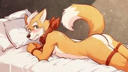2025 anthro artist_name ass bed bedroom belly blush bondage bound canid canine canine_nose dated ears_back fangs fist fox fox_mccloud frown fur furniture furry green_eyes hair hands_tied hi_res inner_ear_fluff kerchief kerchief_only legs_tied looking_at_viewer lying male mammal mostly_nude neckerchief neckerchief_only neckwear nintendo nipples nude on_front pillow pivoted_ears raised_tail red_kerchief red_neckerchief restraints rope rope_bondage side_view slim_male solo star_fox submissive submissive_male tail tan_belly tan_hair teeth text tuft ventkazemaru waiting watermark whisker_spots whiskers yellow_body yellow_fur