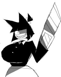 1girls arms_behind_back big_breasts boxcutter breasts_bigger_than_head crazy_face female female_only fundamental_paper_education looking_at_another miss_bloomie_(fundamental_paper_education) missing_eye momiji_(artist) sharp_teeth white_background white_body