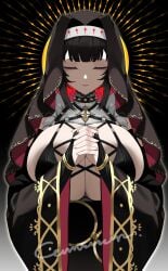 bikini black_hair breasts cleavage closed_eyes collar female_only frills huge_breasts interlocked_fingers nun original praying solo spiked_collar su_(septyanss) veil