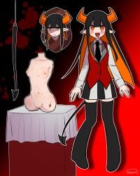 26_(tsuro) amputee breasts demon demon_girl demon_tail female guro highres horns medium_breasts original pointy_ears pussy quadruple_amputee severed_head single_horn tail trophy_head