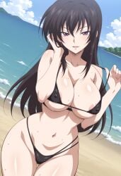ai_generated areola_slip areolae arisato_yu bangs bare_shoulders beach bikini black_bikini black_hair black_swimsuit blue_sky blush bodily_fluids breasts cameltoe clavicle cleavage clothing cloud covered_erect_nipples curvaceous day erect_nipples erect_nipples_under_clothes fallen_angel female female_only female_solo fit_female gluteal_fold groin hair_between_eyes hand_up high_resolution high_school_dxd highleg highleg_bikini highleg_swimsuit huge_breasts large_breasts light-skinned_female light_skin long_hair looking_at_viewer micro_bikini navel nipple_outline nipples ocean open_mouth outdoors png purple_eyes raynare sand seductive seductive_look seductive_pose seductive_smile shiny shiny_skin skindentation sky smile solo standing stomach strap_lift string_bikini sweat swimsuit thick_thighs thigh_gap thighs very_long_hair violet_eyes water wet