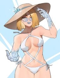 beachwear blonde_female blonde_hair blue_eyes diamond_(gem) diamond_form emma_frost emma_frost_(marvel_rivals) female marvel marvel_comics marvel_rivals milf swimsuit todrawki white_queen x-men