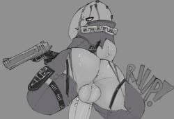 anthro anus ass balls big_butt bodily_fluids bottomwear clothing epic_games fortnite genitals glistening glistening_butt gun jumpsuit lagomorph leporid looking_back low-angle_view male mammal nitehare_(fortnite) ongongio penis rabbit ranged_weapon solo sweat torn_bottomwear torn_clothing underwear wardrobe_malfunction weapon