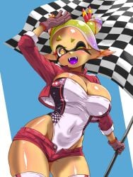 1girls 2d_(artwork) breasts checkered_flag clothed clothed_female digital_drawing_(artwork) digital_media_(artwork) female female_focus female_only flag frye_(splatoon) frye_onaga hand_on_head inkling nintendo pose posing racing_gear racing_suit shorts splatoon splatoon_(series) splatoon_3 t2ukmyjm twitter_link twitter_username unbuttoned_shorts yellow_eyes