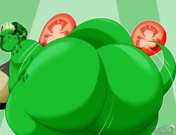 2025 anthro ass big_ass big_breasts big_butt breasts butt_jiggle digital_media_(artwork) elemental_creature fat_ass female flora_fauna food fruit green_background green_body green_eyes green_hair hair hi_res huge_ass huge_butt hyper hyper_butt jiggling looking_back masterj291 non-human plant salazia_greenwood simple_background solo thick_thighs tomato vegetable