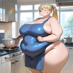 absurd_res ai_generated apron bbw bbwsupremacy belly_overhang big_ass big_belly big_breasts blonde_hair breasts busty chubby chubby_female closed_eyes cooking curvy dinner fat female female_focus female_only huge_belly huge_breasts large_breasts morbidly_obese nude_apron obese obese_female overweight ponytail smile solo ssbbw thick thick_thighs voluptuous voluptuous_female wide_hips