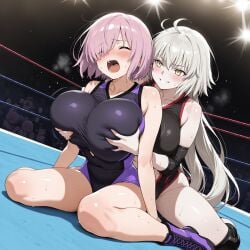 2girls ai_generated big_breasts catfight dressed fate/grand_order fate_(series) female huge_breasts jeanne_alter mash_kyrielight purple_hair wrestling wrestling_ring wrestlingryona