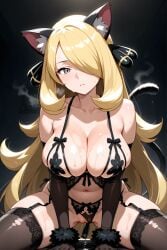 ai_generated big_breasts blonde_hair cat_ears cat_tail catgirl cynthia_(pokemon) leaking leaking_precum leaking_pussy lingerie long_hair pussy pussy_juice pussy_juice_drip sweat sweating