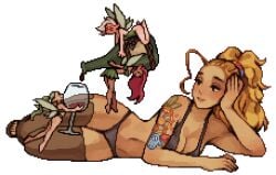 arm_tattoo blonde_hair breasts cleavage clothed elf fairy female marble_gate_dungeon pixel_art tattoo thighhighs twolips wine