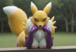 ai_generated anthro anthropomorphic beautiful bending_forward bending_over big_breasts blue_eyes blush breasts breeding_request coy digimon digimon_(species) female fluffy_tail fox fox_girl fur furry furry_only in_heat inviting_to_sex large_breasts looking_at_viewer loving_gaze loving_look outdoors park posing_for_the_viewer realistic renamon renamon_(digimon) resting_on_arms seductive seductive_look seductive_smile sexy sexy_body sexy_pose voluptuous wide_hips