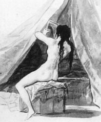 1700s 1girls black_hair etching female fine_art francesco_goya looking_away_from_viewer looking_in_mirror pencil_sketch realistic_proportions sitting tagme traditional_media_(artwork)