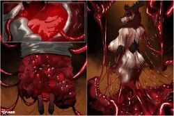 anthro antlers areola big_areola big_breasts biotech blood bodily_fluids breasts chrysalis deer female flesh food fur gore hi_res horn mammal meat membrane_(anatomy) multicolored_body multicolored_fur ombrelune sagging_breasts solo tube two_tone_body two_tone_fur tyunre