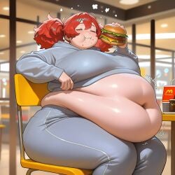 absurd_res ai_generated bbw bbwsupremacy belly_overhang big_ass big_belly big_breasts breasts burger busty chubby chubby_female closed_eyes curvy eating eating_burger fast_food fast_food_restaurant fat female female_focus female_only grey_hoodie grey_pants grey_sweatpants hoodie huge_belly huge_breasts large_breasts morbidly_obese obese obese_female overweight red_hair sitting solo ssbbw sweatpants thick thick_thighs twintails voluptuous voluptuous_female wide_hips