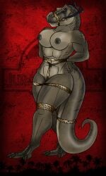 angry anthro big_breasts bondage bondage bound breasts brown_body claws cleave_gag crotch_rope dinosaur female finger_claws gag gagged genitals hands_behind_back hands_tied hi_res jurassic_park legs_tied lovemummification muscular muscular_anthro muscular_female navel nipples non-mammal_breasts non-mammal_nipples nude prehistoric_species pussy reptile restraints rexy_(jurassic_park) rope rope_bondage rope_gag rope_harness scalie solo submissive submissive_anthro submissive_female tail tail_bondage tail_tied teeth theropod thick_thighs toe_claws tongue tyrannosaurid tyrannosauroid tyrannosaurus tyrannosaurus_rex universal_studios walking