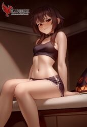 1girls 2d ai_generated ass back bare_shoulders barefoot big_ass bra brown_hair collar erophoenix female female_focus full_body kono_subarashii_sekai_ni_shukufuku_wo! long_hair looking_at_viewer megumin pale_skin pale_skinned_female panties patreon_username red_eyes short_hair sitting small_breasts smile soles solo thick thick_thighs uncensored underwear