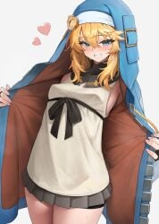 absurdres black_gloves black_ribbon black_skirt blonde_hair blue_eyes blue_hoodie blush breasts bridget commentary_request cowboy_shot eyebrows eyelashes female female_focus fingerless_gloves fingernails gloves grey_background grin guilty_gear guilty_gear_strive hair_between_eyes hakusyokuto half-closed_eyes heart highres hood hood_up hoodie looking_at_viewer naughty_face nun open_clothes open_hoodie opened_by_self petite ribbon shirt simple_background skirt sleeveless sleeveless_shirt small_breasts smile solo standing teeth white_shirt