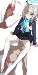 1boy animal_ear_fluff animal_ears aqua_eyes black_jacket blue_archive blue_halo blue_necktie blue_scarf blush breast_pocket censored clothed_female_nude_male cross cross_hair_ornament cum cunnilingus cunnilingus_through_clothes ejaculation facejob female footjob grey_hair hair_ornament halo highres id_card inverted_cross jacket mechanical_halo mosaic_censoring multiple_views necktie nel-c no_shoes nude open_clothes open_jacket oral panties plaid_clothes plaid_skirt pocket scarf school_uniform shiroko_(blue_archive) shirt sitting skirt sock_on_penis sockjob socks twitching_penis underwear white_panties white_shirt white_socks wolf_ears