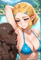 ai_generated armpit_crease bikini blush chocopizza_style dark-skinned_male imminent_sex large_breasts licking_armpit looking_at_another older_male older_male_and_younger_female princess_zelda seductive_smile zelda_(tears_of_the_kingdom)