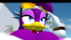 1girl1futa 3d anthro arms_behind_head arms_up avian big_breasts close-up cum dialogue digimon digimon_(species) female from_below furry futa_on_female futanari huge_breasts implied_cum low-angle_view miniskirt open_mouth renamon sloppydragons sonic_(series) sound stroking_penis tagme talking tongue_out topless video vrchat wave_the_swallow