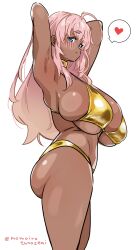 ahoge armpits arms_behind_head bikini blue_eyes blush blush_lines dark-skinned_female from_side gold_bikini golden_week huge_breasts long_hair original original_character pink_hair signature skindentation smile spoken_heart tan_fur tan_skin twitter_username