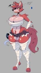 angry anthro big_breasts bottomwear breasts canid canine clothed clothing female five_nights_at_freddy's fox foxy_(fnaf) gold_(metal) gold_tooth hi_res hook hook_hand hotpants legwear mammal shorts skimpy solo tail thick_thighs thigh_highs xexeezy