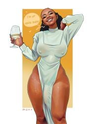 1futa big_breasts big_penis breasts bulge champagne champagne_glass closed_eyes clothed clothing dark-skinned_futanari dark_skin dialogue dickgirl dorndraws dress english_text flaccid fully_clothed futa_only futanari hand_behind_head human large_breasts large_penis loincloth nipple_bulge nun penis smile solo speech_bubble standing text thick_thighs