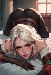 ai_generated ass ass_up bed bedroom big_ass ciri clothing decademix female green_eyes light-skinned_female looking_at_viewer mascara scar solo the_witcher_(series) the_witcher_3:_wild_hunt white_hair