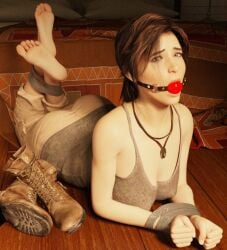 1girls 3d ball_gag barefoot bondage bound bound_ankles bound_wrists brown_hair fully_clothed gag gagged lara_croft mmmph! tomb_raider