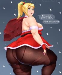 1girls 2023 artist_name ass bbw beauty_mark belly blonde_hair blue_eyes breasts christmas christmas_outfit chubby chubby_female english english_text female female_focus fingerless_gloves gloves hi_res high_resolution highres huge_ass leggings looking_at_viewer metroid nintendo overweight_female ponytail samus_aran snow solo solo_female solo_focus speech_bubble talking_to_viewer text thick_thighs thighs toasty54