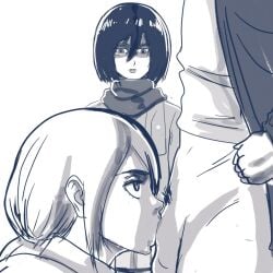 1boy 2girls all_the_way_to_the_base angry_face attack_on_titan being_watched blonde_hair blowjob blowjob_only cuckquean cute deepthroat eren_jaeger eye_contact faceless_male fellatio female giving_head hetero historia_reiss jealous jealous_female jealousy kneeling looking_at_another male/female mikasa_ackerman monochrome multiple_girls new_epic_artist ntr oral petite shingeki_no_kyojin side_view sketch skinny slim straight sucking_penis teenager voyeur watching