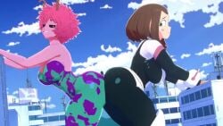 1boy 2girls 2girls1boy 3d animated ass ass_press ass_sandwich ass_to_ass big_ass big_breasts big_butt breasts butt butt_crush buttcrush_sandwich city clothed clothed_female embarrassed femdom fully_clothed giantess hero_outfit_(mha) heroine light_skin mina_ashido my_hero_academia ochako_uraraka pink_skin scrag_boy scraggy_(artist) smug sound superheroine twerking video