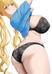 1girls ass blonde_hair bra breasts female huge_breasts large_ass light-skinned_female light_skin long_hair oekakizuki original original_character panties red_eyes simple_background solo thick_thighs twintails undressing