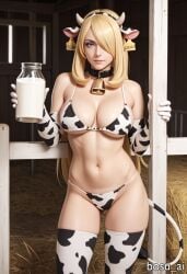 1girl adult_female ai_generated barn big_breasts bikini bikini_bottom bikini_top blonde blonde_female blonde_hair bosu_ai breasts cleavage collar cow_ears cow_horns cow_print cow_print_bikini cow_print_gloves cow_print_thighhighs cow_tail cowbell cynthia_(pokemon) elbow_gloves farm female female_focus female_human female_only gloves hair_covering_eye hair_covering_one_eye hair_over_one_eye long_blonde_hair long_hair mature mature_female mature_woman midriff milk milk_bottle navel pokemon pose posing smooth_skin solo solo_female solo_focus standing tanline thigh_gap thigh_highs thighhighs thighs underboob woman