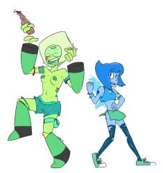 2015 2girls alcohol artist_name artist_signature bandaid bikini bikini_top blonde_hair blue_skin cartoon_network crop_top dancing dated drugs exhibitionism gem_(species) glowstick glowstick_bracelet green_skin happy joint lapis_lazuli_(steven_universe) latex latex_thighhighs limb_enhancers multiple_girls nipple_tape peridot_(steven_universe) pills rave ripped_clothing ripped_thighhighs scribble_(artist) shorts sneakers steven_universe thighhighs visor weed white_background