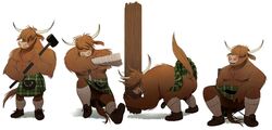 2017 anthro balls barely_visible_genitalia bent_over biped bovine brown_balls brown_belly brown_fur brown_hair brown_penis brown_tail cattle clothed clothing cseed flaccid footwear fur green_bottomwear green_clothing hair hair_over_eyes hammer holding_object horn kilt legwear log male male_only mammal multiple_poses nipples penis pink_nipples pose raised_tail rope shadow shoes simple_background sitting socks solo standing subtle_penis tools topless white_background white_horn wood