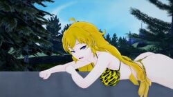 3d ass bikini blonde_hair breasts koikatsu large_ass large_breasts leopard_print long_hair mrkoiru on_stomach open_mouth outdoors pale_skin purple_eyes rwby the_jungle_book thong yang_xiao_long