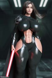 3d audrix candy_(audrix) cape cosplay huge_ass huge_breasts lightsaber revealing_clothes sith_lady solo_female star_wars thick toned_female