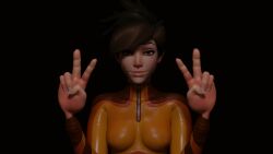 1girls 3d blender blender_eevee blizzard_entertainment bodysuit breasts brown_eyes brown_hair ear_piercing erevos female female_only light-skinned_female looking_at_viewer orange_bodysuit overwatch overwatch_2 peace_sign smile smiling smiling_at_viewer solo solo_female teeth_showing tracer zipper