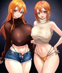 ai_generated crop_top denim_shorts dual_persona female female_only ginger ginger_hair nami nami_(one_piece) nipples_visible_through_clothing one_piece post-timeskip pre-timeskip sleeveless_sweater time_paradox timeskip turtleneck turtleneck_sweater two_girls visible_underwear whale_tail zarazin