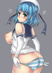 1girls areolae ass back blue_eyes blue_hair blush breasts breasts_out butt_crack exposed_breasts female female_only grey_background heart highres kantai_collection large_breasts long_hair looking_at_viewer looking_back nipples no_bra open_clothes panties panty_pull puffy_nipples sideboob simple_background smile solo striped striped_panties terakoya underwear undressing urakaze_(kantai_collection)