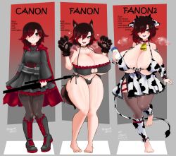 1girls alternate_body_type alternate_breast_size alternate_species black_hair cow_ears cow_girl cow_horns cow_print cow_tail cowbell crescent_rose female female_only gigantic_breasts gradient_hair huge_breasts odakubara red_hair ruby_rose rwby self_upload silver_eyes solo tagme weapon wolf_ears wolf_girl wolf_tail