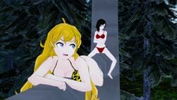 3d ass bikini black_hair blonde_hair breasts crossed_arms koikatsu large_ass large_breasts leopard_print long_hair medium_breasts mrkoiru open_mouth outdoors pale_skin purple_eyes ruby_rose rwby silver_eyes swimsuit the_jungle_book yang_xiao_long