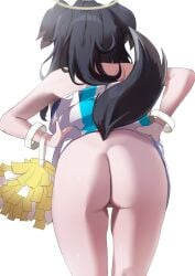 0chili absurdres animal_ears ass asspom_pom_(cheerleading) black_hair blue_archive clothes_lift cowboy_shot dog_ears dog_girl dog_tail facing_away female from_behind gloves halo hibiki_(blue_archive) hibiki_(cheer_squad)_(blue_archive) highres leaning_forward lifted_by_self long_hair ponytail pussy simple_background single_glove skirt skirt_lift solo tail white_background yellow_halo