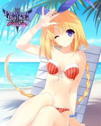 1girls arm_support arm_up armpit_peek beach bikini blonde_hair blue_eyes braid breasts cleavage hair_ribbon hi_res legs long_hair looking_at_viewer medium_breasts navel ocean official_art one_eye_closed phantom_breaker ribbon sitting smile solo sophia_karganova swimsuit thighs very_long_hair water wink