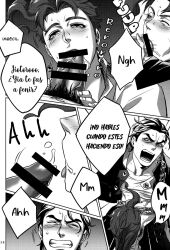 2boys blush censored cum ejaculation gay jojo's_bizarre_adventure jotaro_kujo male male/male male_only noriaki_kakyoin penis spanish_text stardust_crusaders yaoi